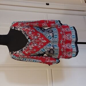 Bila Boho Peasant Blouse Top Red Print V Neck Size L